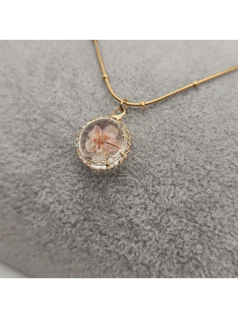 Pink Pressed Flower Resin Necklace 18k Gold Plated Stainless Steel Adjustable